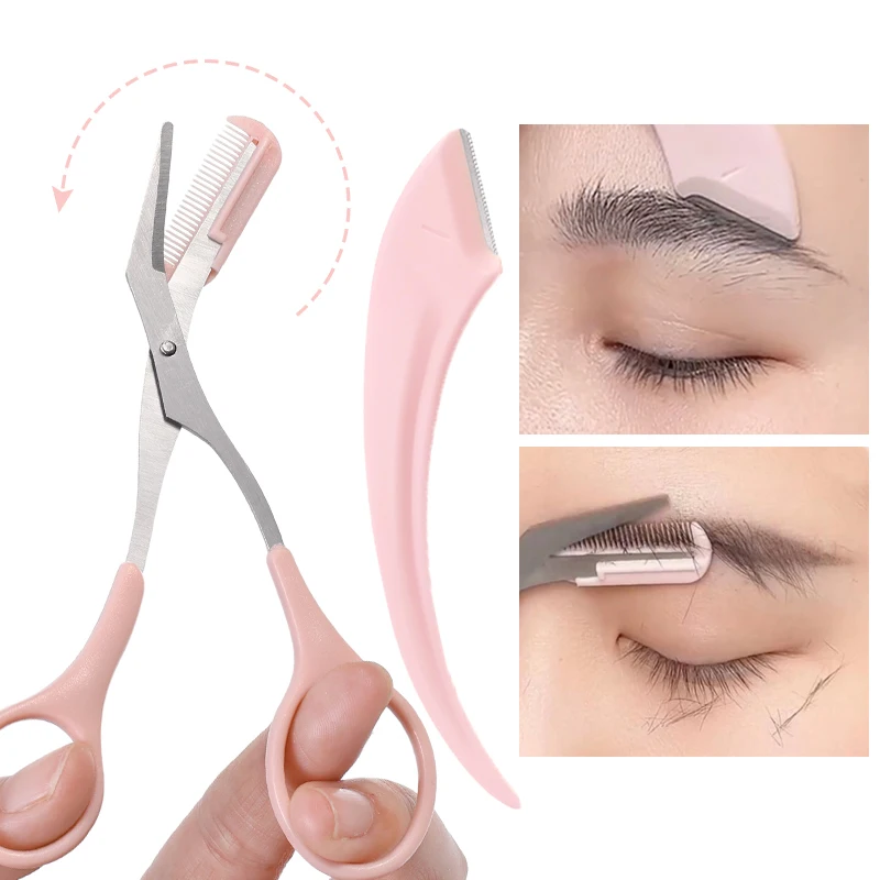 

2PCS Eyebrow Trimmer Set Portable Brow Comb Scissors Eyebrow Knife Women Professional Face Shaver Hair Removal Razor Makeup Tool