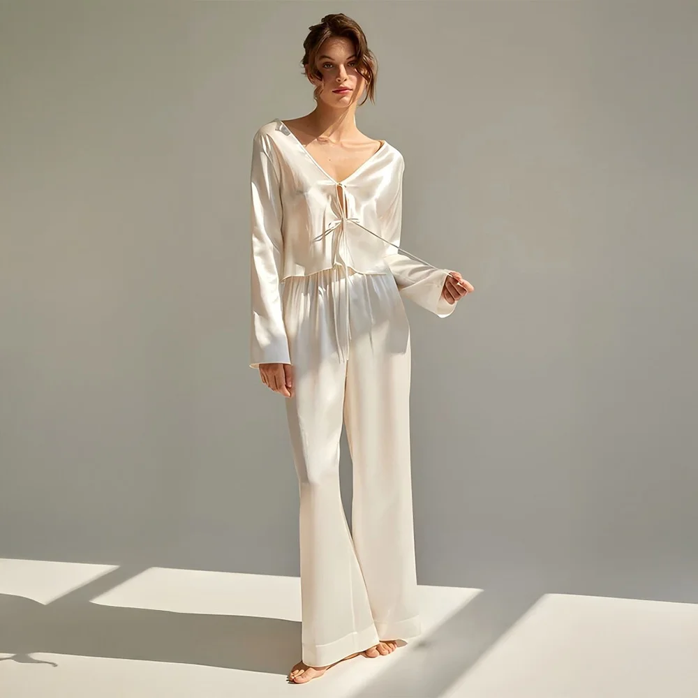 New Casual Loose Long Sleeve Shirt And Pants Set Home Clothes with Belt Long Pants V Neck Home Comfortable Sleepwear Set