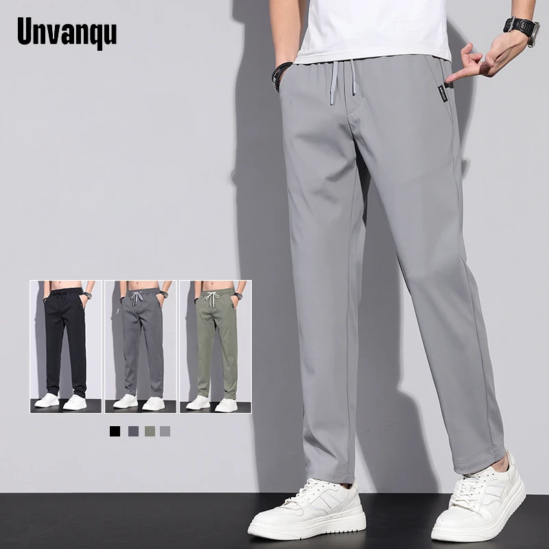 Unvanqu 2024 Summer Thin Ice Silk Pants Men Fashion Casual Soft Breathable Trousers Elastic Waist Small Straight Overalls Male