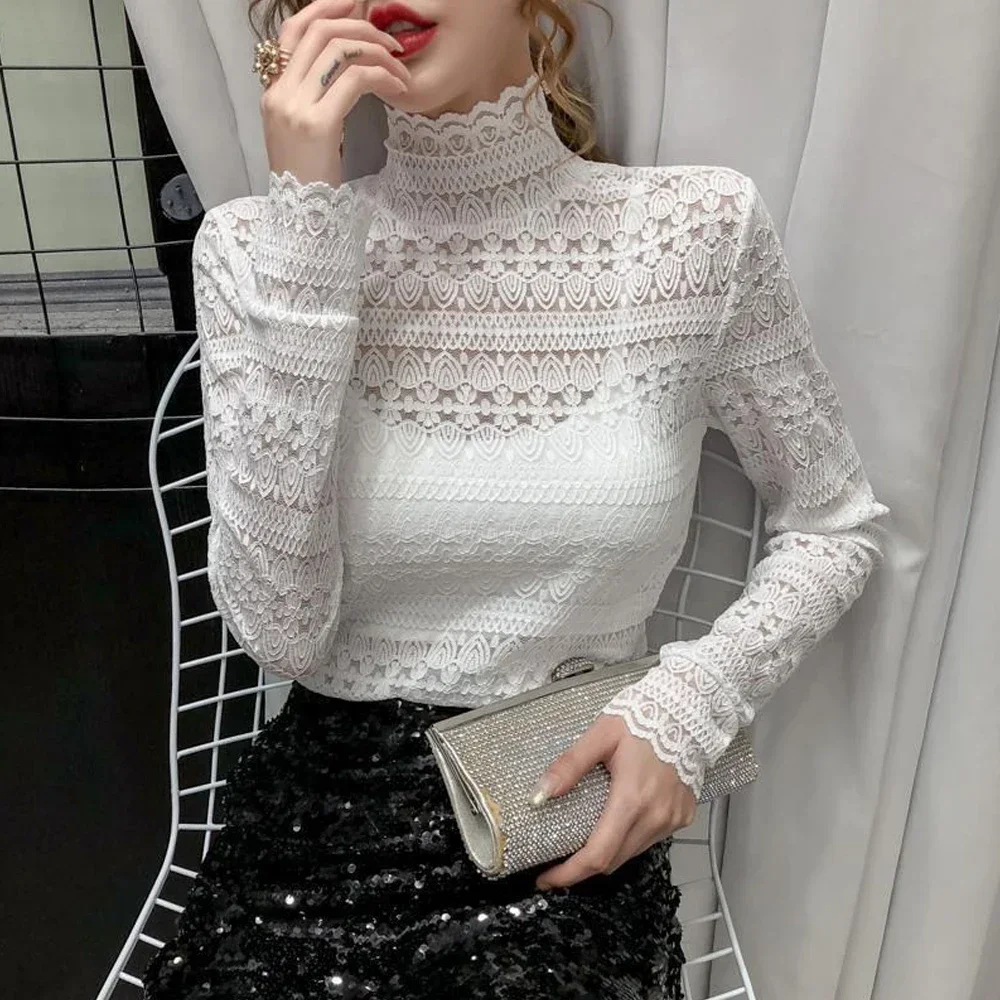 Sexy Slim Long sleeved Flower Lace T Shirt Women S-XL Black White Turtleneck All-match Top Girl With Long-sleeved T-shirt Female