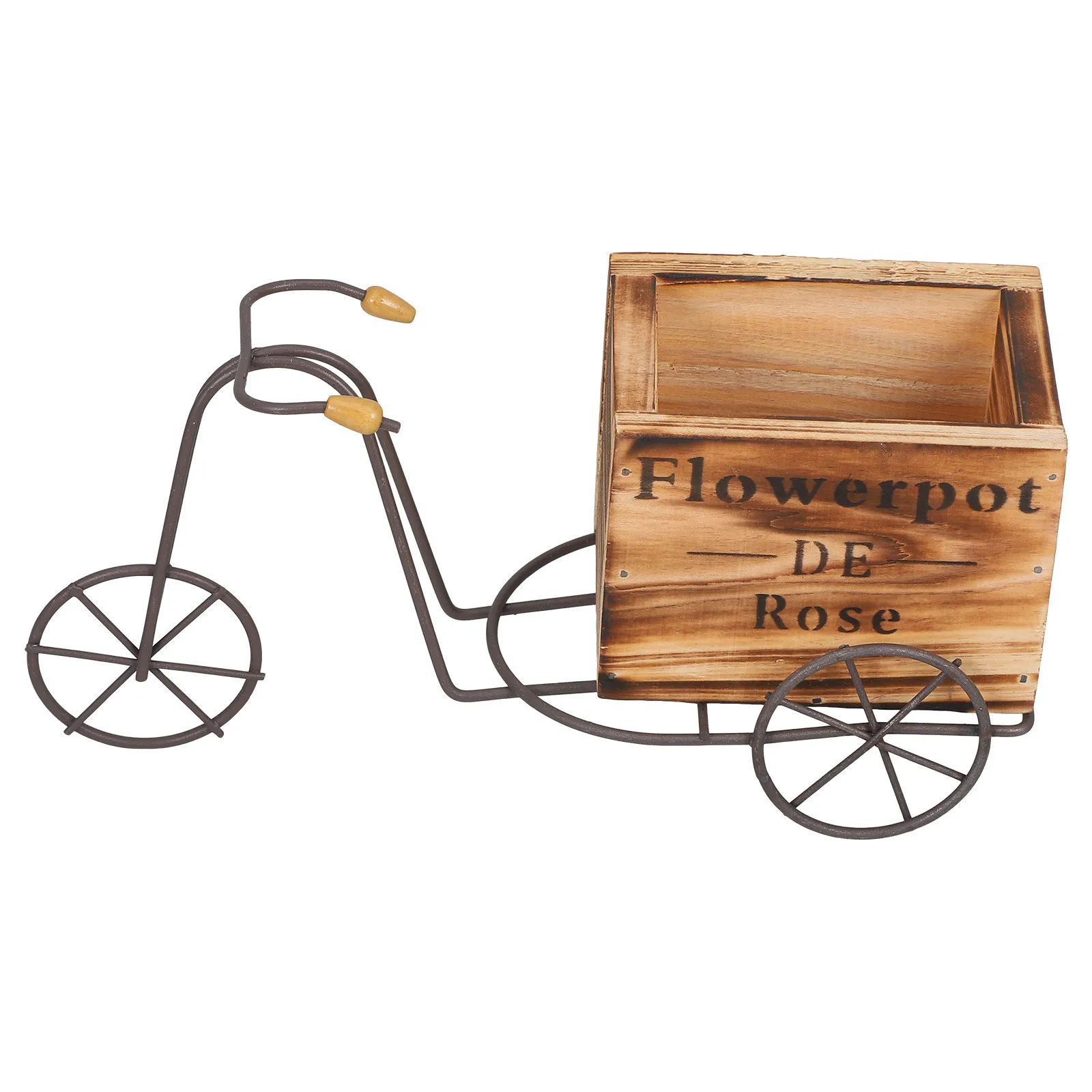 

Classic Iron Frame Bicycle Desktop Ornament Featuring Wood Base Compact Flower Pot for Tabletop Shelf Home Office Decor