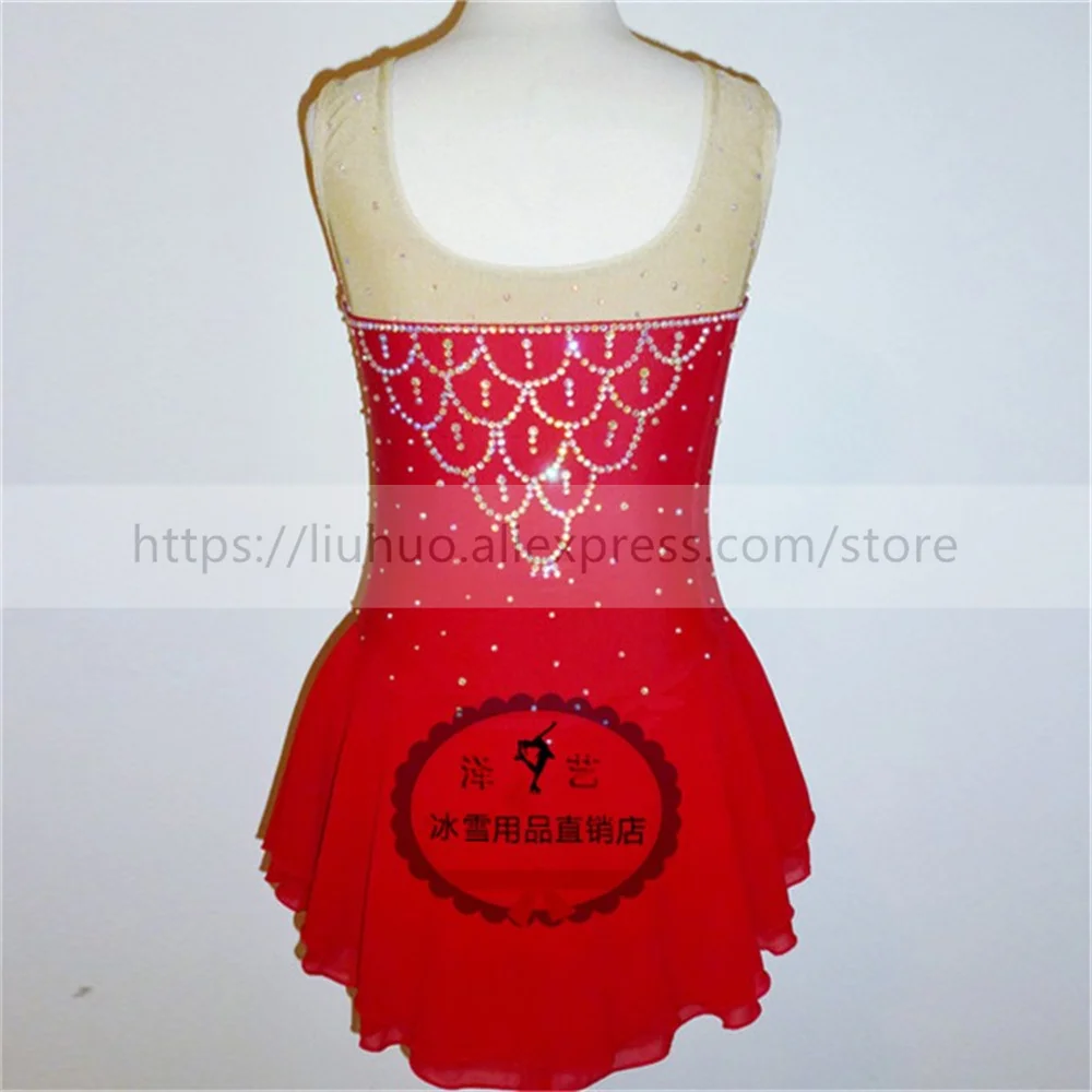 Liuhuo feminino aldult menina personalizar traje desempenho competição collant vestido de patinação artística no gelo rolo vermelho sem mangas dança