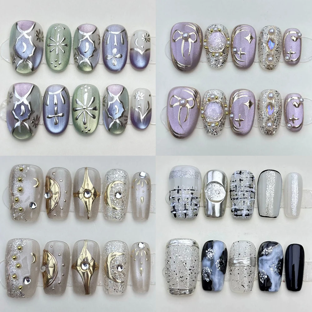 

10Pcs Bohemia Style Short Square Ellipse Handmade Reusable Full Cover Nails Kawaii Cat Eyes Diamond Pearl Bowknot Press On Nails