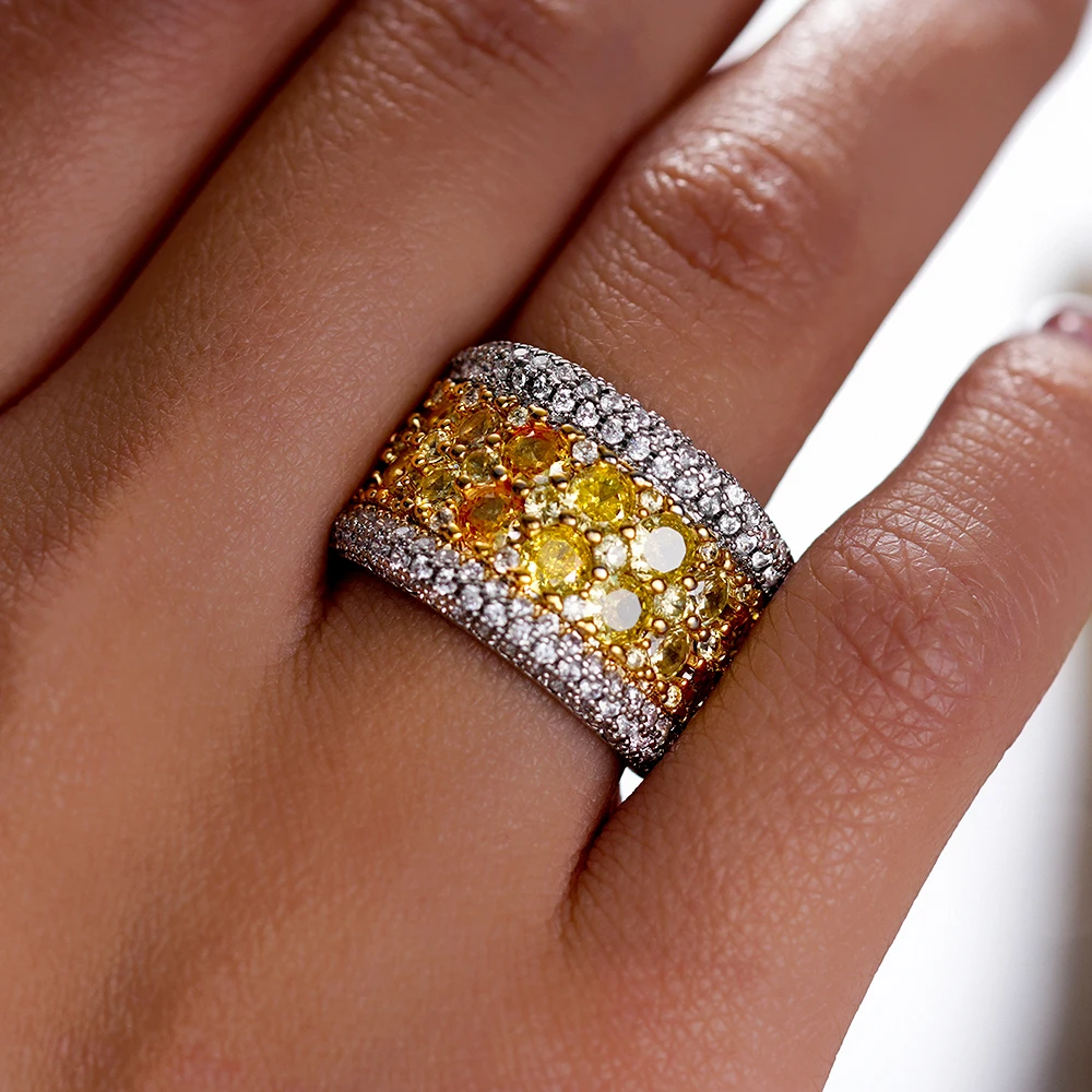 Huitan Damen-Ring in zwei Farben, schlichter Stil, eingelegt mit glänzendem gelbem Zirkonia, modisch, für Hochzeit, Party, vielseitiges Zubehör, Schmuck – Detail 8