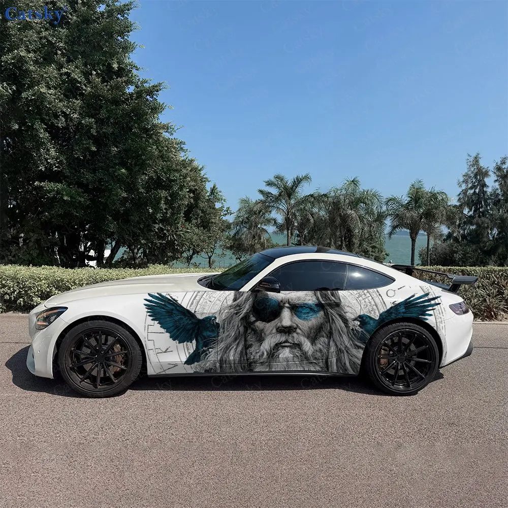 2pcs Bearded Elder Raven Wings Car Side Wraps, Self-Adhesive PVC Waterproof & Scratch-Resistant Stickers, Car Accessory Gift