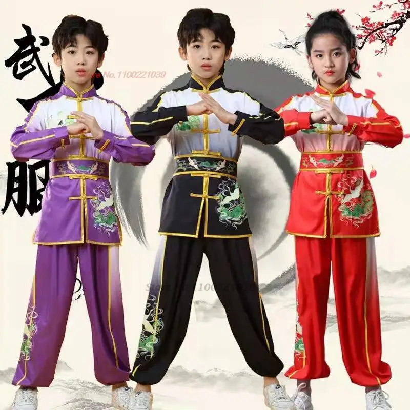 

2024 chinese children wushu shaolin set wushu kung fu martial arts wing chun suit national crane print training exercise set