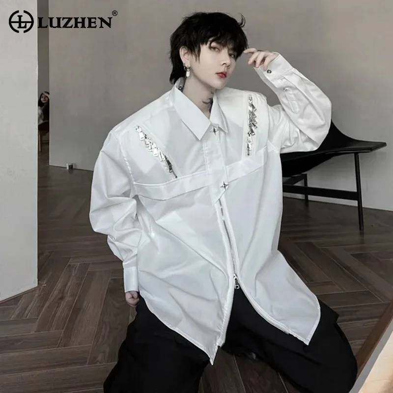 LUZHEN 2024 Autumn Shirts Solid Color Multi Zipper Design Loose Trendy Long Sleeve Men's Original Elegant Korean Tops LZ5218