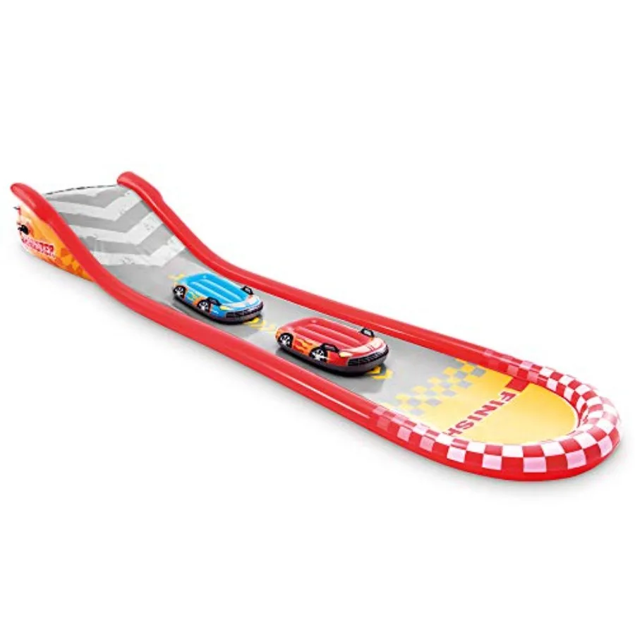 

Outdoor inflatable water slide track for racing fun PVC material blue and yellow 18.5-foot length with dual surf car riders and
