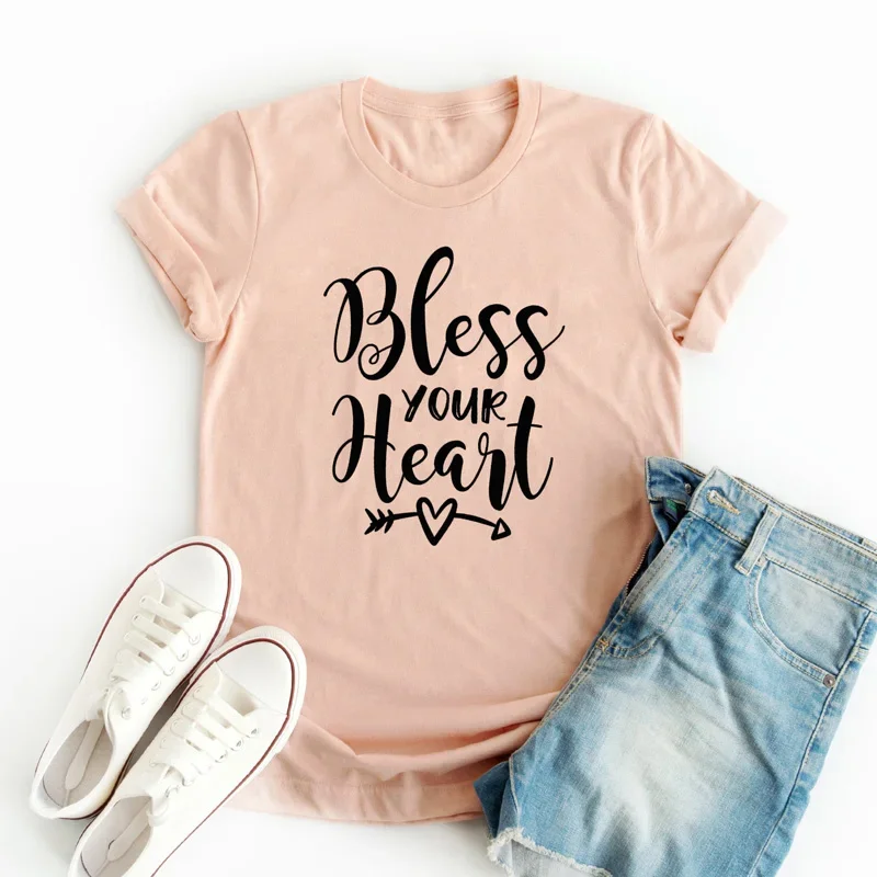 Print T-shirt  Bless Your Heart Arrow Vintage Women Graphic Slogan Tshirt Unisex High Quality O-Neck Catholic Christian Tee Tops