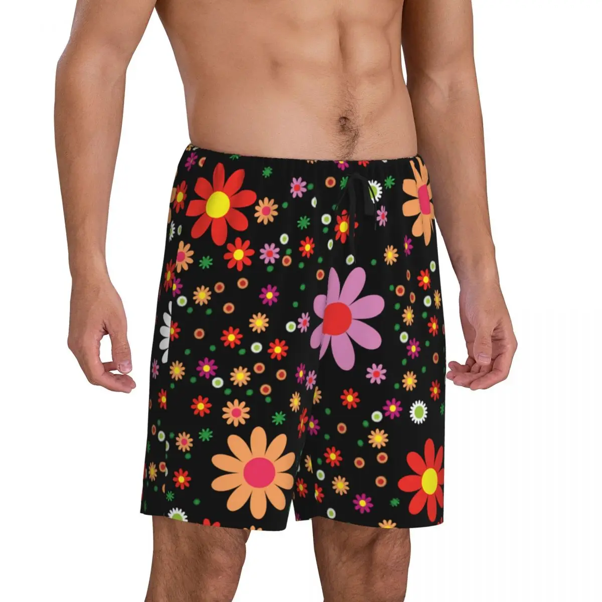 Custom Print Men Hippie Flower Pattern Pajama Shorts Sleep Pjs Sleepwear Bottoms with Pockets