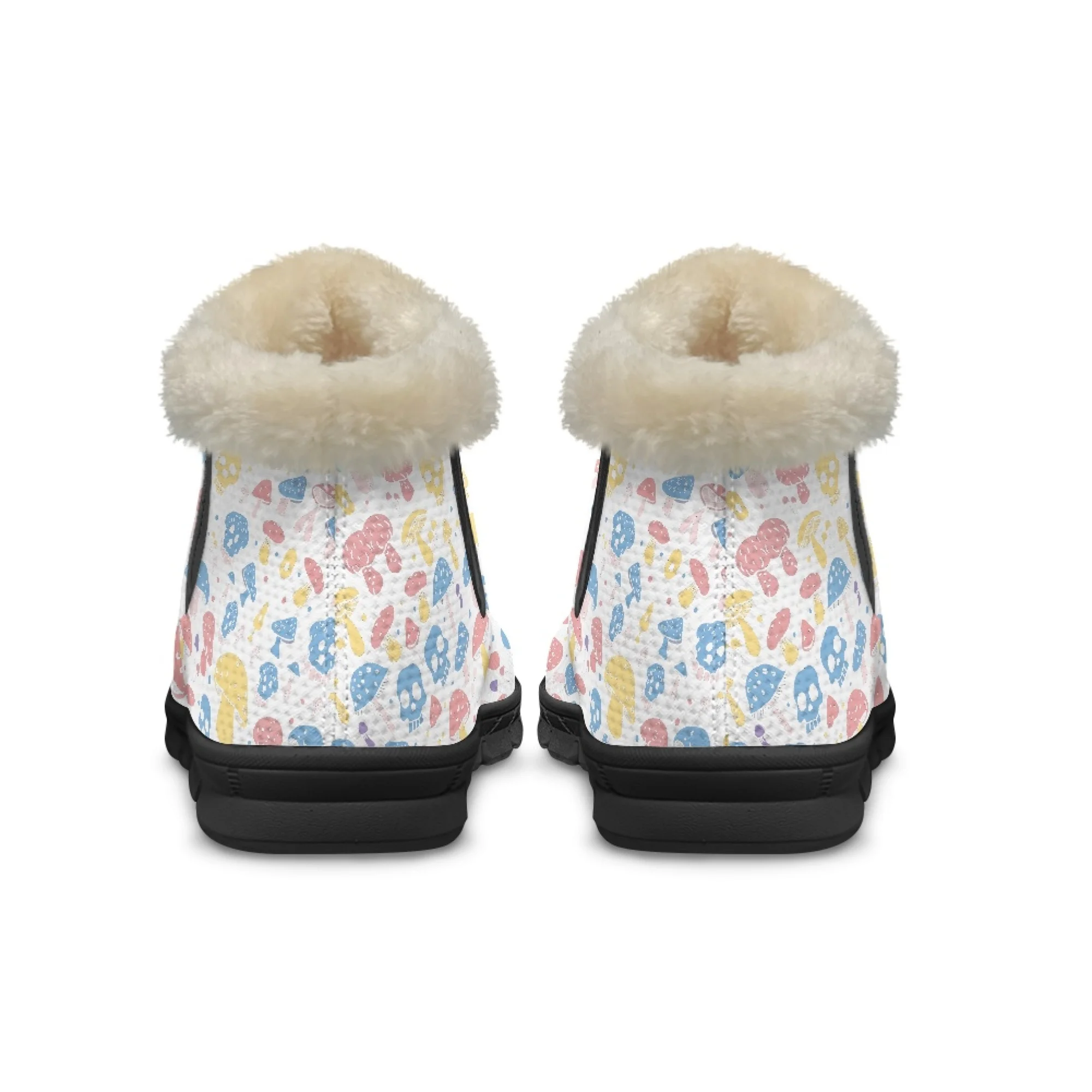 ELVISWORDS Cute Colorful Mushroom Skull Print Ankle Boots for Women Short Plush Warm Snow Boots Lining Fuzzy Shoes Non Slip