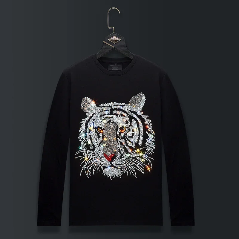 Plus Size T Shirts Men Cartoon Tiger Rhinestones Fashion Streetwear O Neck Long Sleeve Slim Modal Cotton Tshirts Mens Clothing