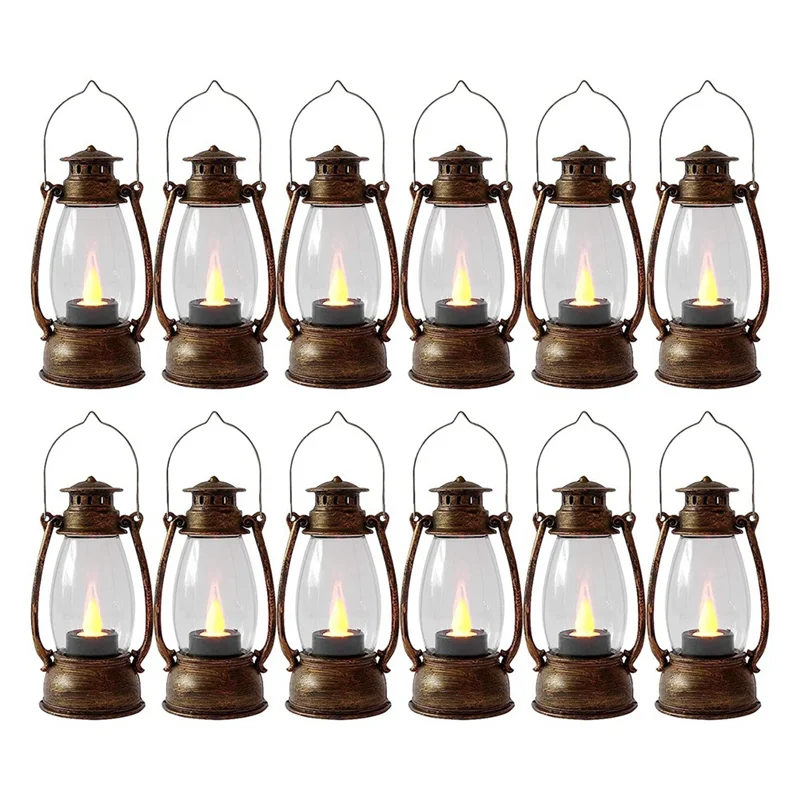 Vintag Candle Lanterns for Indoors 12Pcs Mini Lantern with Flicker Candles Small Hanging Lanterns for Home Decor Copper