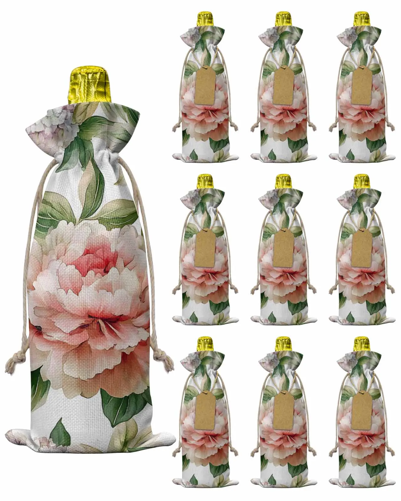 

10pcs Wine Bottle Covers Vintage Pink Flower Watercolor Wine Holder Carrier Packaging Bag Wedding Party Decor Gift