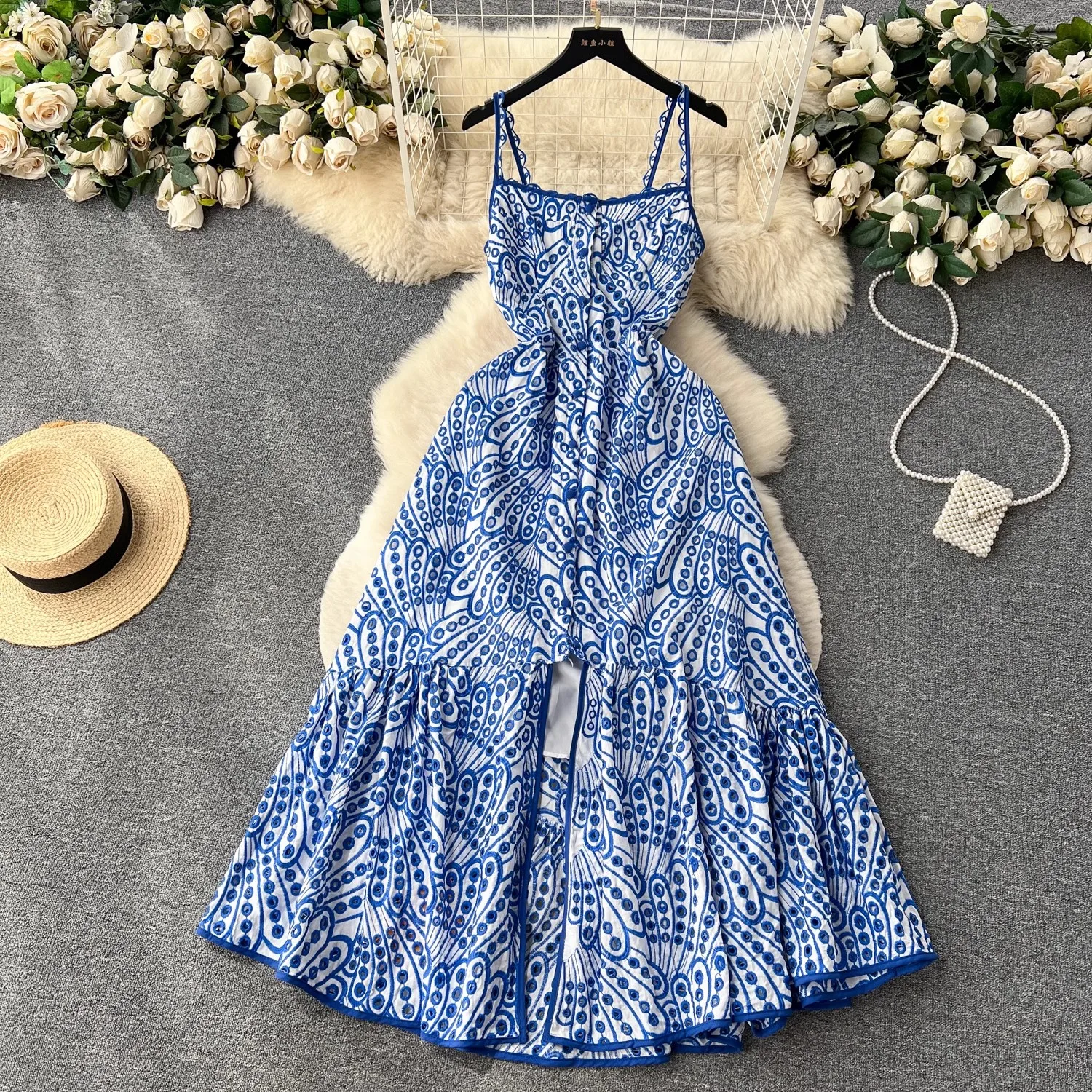 French Runway Summer Embroidery Hollow Out Cotton Holiday Dress Women Single Breasted Spaghetti Strap Back Elastic Long Clothes