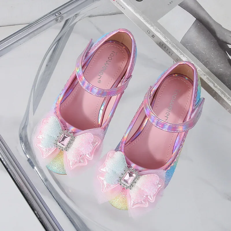 Girl Princess Shoes Fashion Rainbow Bow Children's High Heels Leather Shoes Spring New Girl's Performance Dance Crystal Shoes