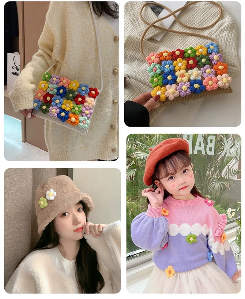 12pcs Handmade Knitted Wool Flower DIY Accessories Girls Cute Puff Color Flower Bag Clothes Hairpin Jewelry Decor Craft Supplies