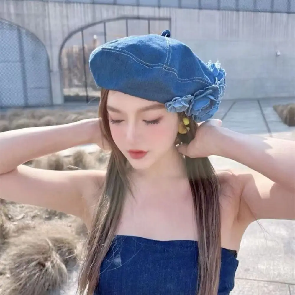Spring and Summer Contrasting Colors Denim Camellia Trendy Fluffy Denim Color Cotton Painter Hat Casual Fashionable Beret Hat