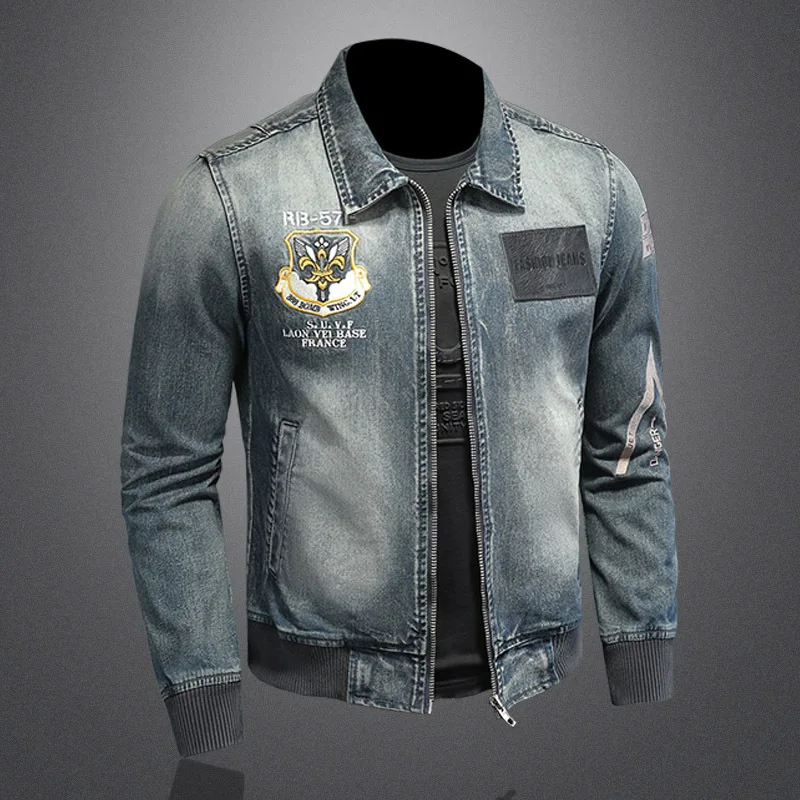 

Denim European Men's Jacket Style Spring and Autumn Embroidered Denim Jacket Blue Large Size Fashion Coat