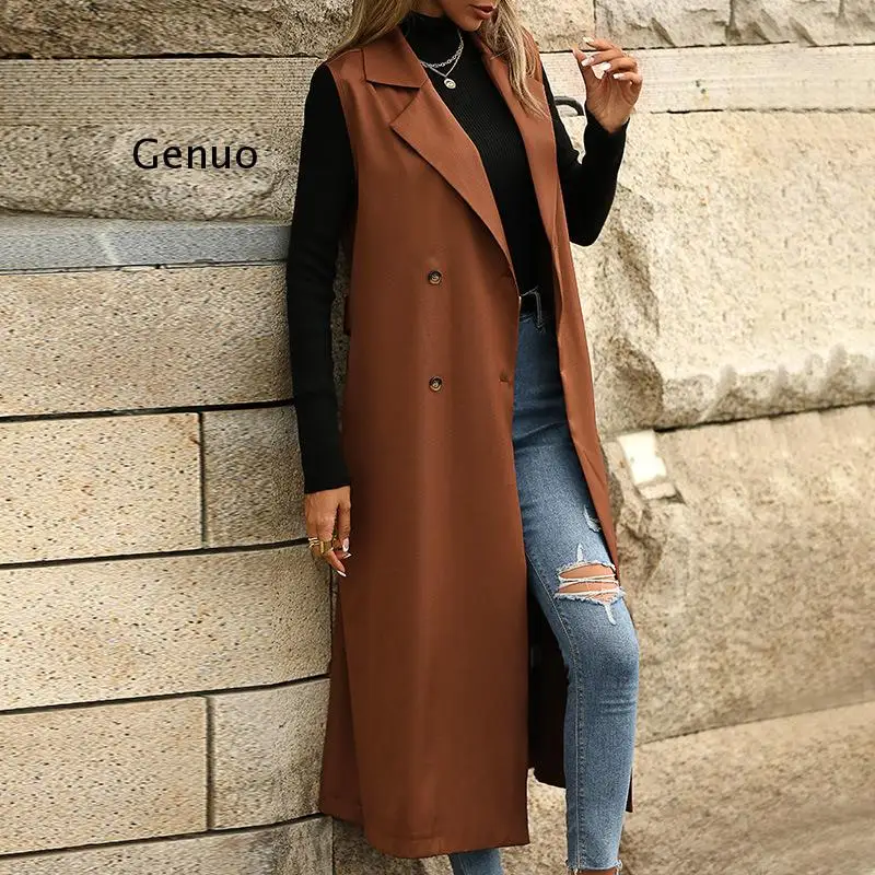 2022 Autumn and Winter New Fashionable Lapel Sleeveless Solid Color Belt Extended Trench Coat Winter Clothes Women