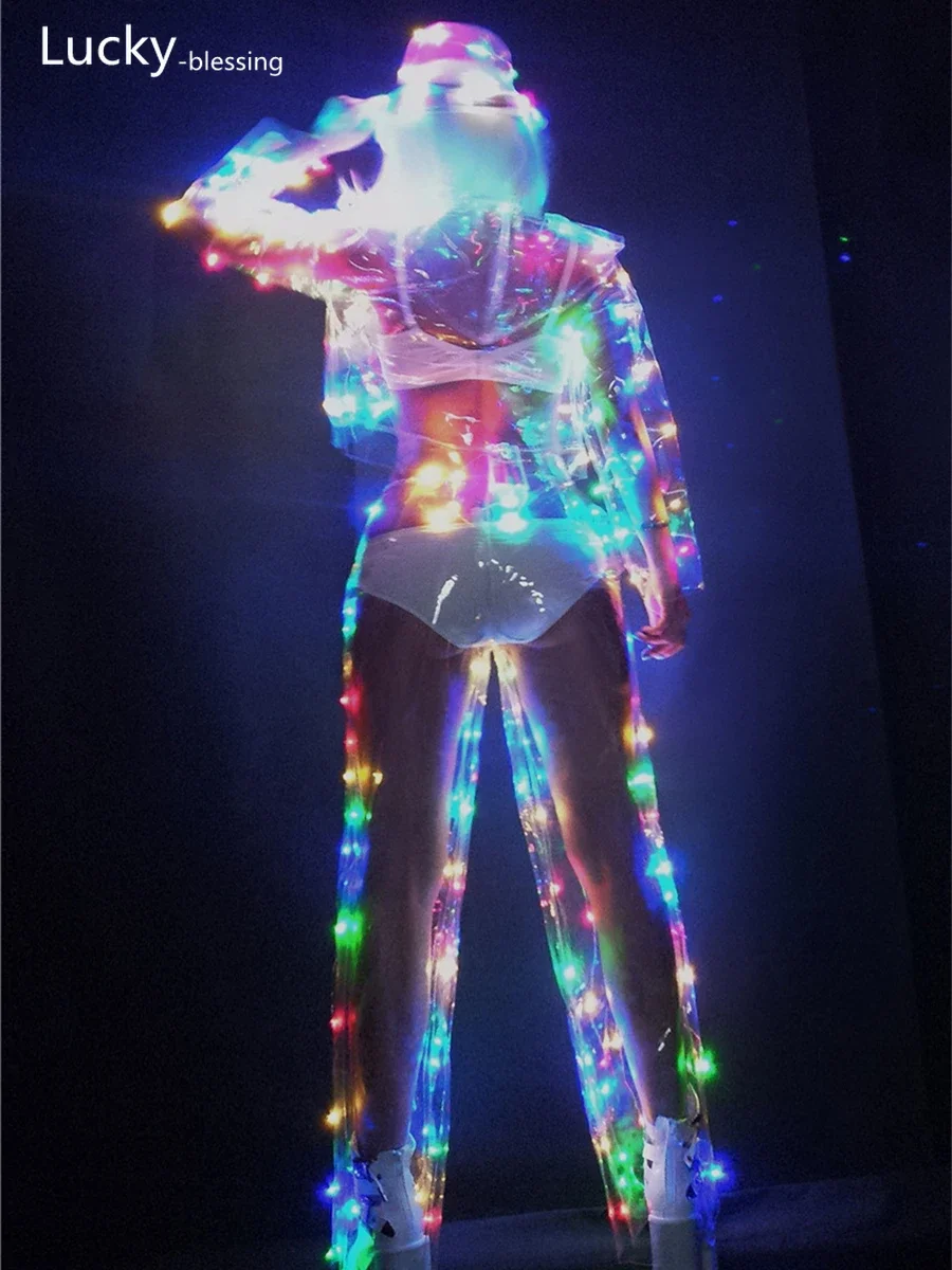 Rainbow Color LED Dance Costumes Adult Circus Led Light Luminous Clothes Party Show Led Jacket / Pants Women Party Light Up Suit