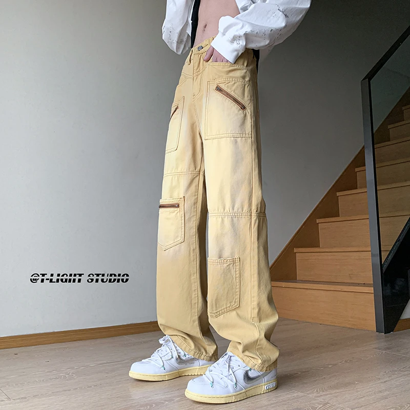 

Мужские рабочие брюки свободного прямого кроя в стиле High Street, весенне-осенние повседневные брюки, ретро-брюки в американском стиле с широкими штанинами