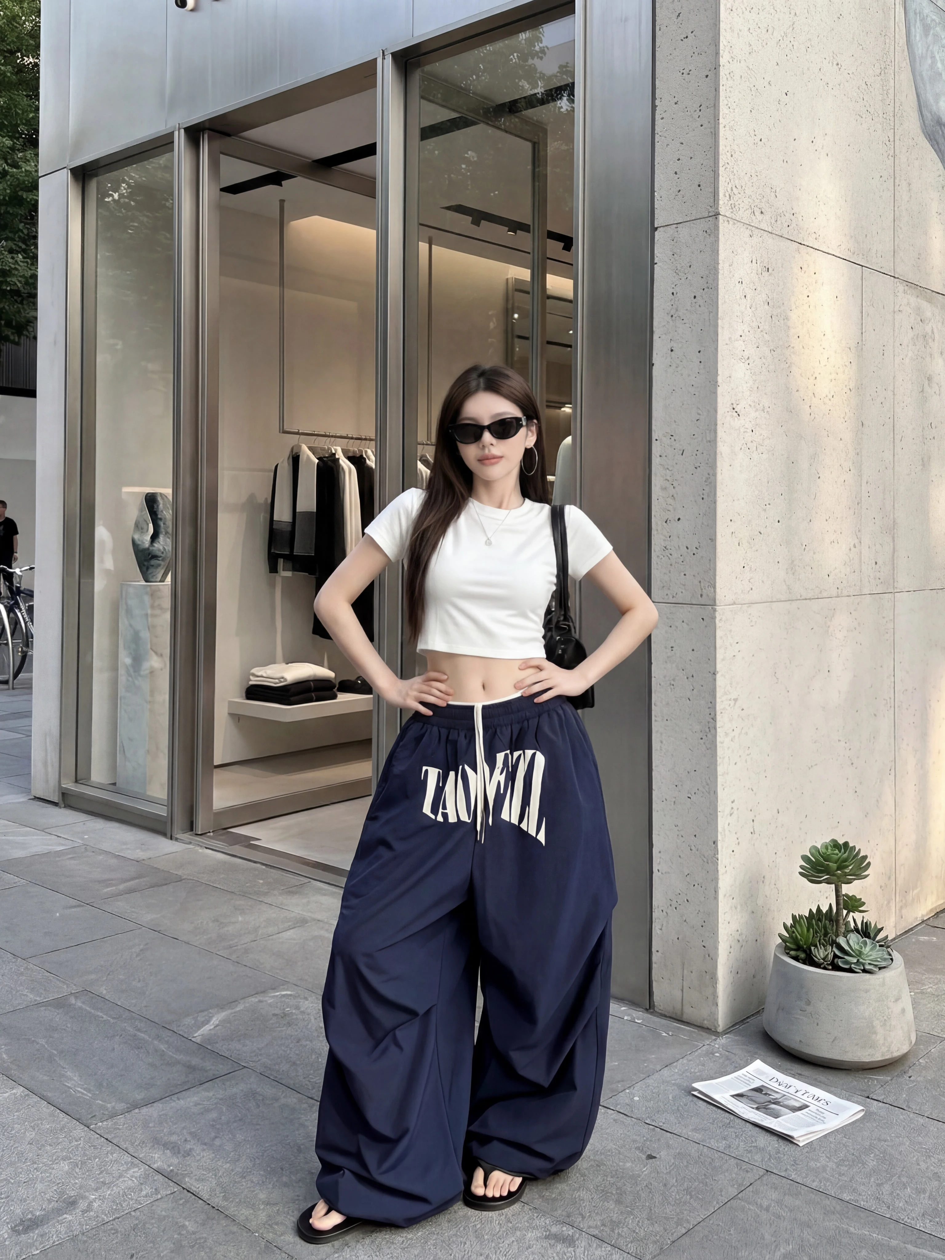 

High Waist Casual Pants Summer New Style Women's Sports Pants Slimming Wide Leg Pants for plus Size Fashionable All Match
