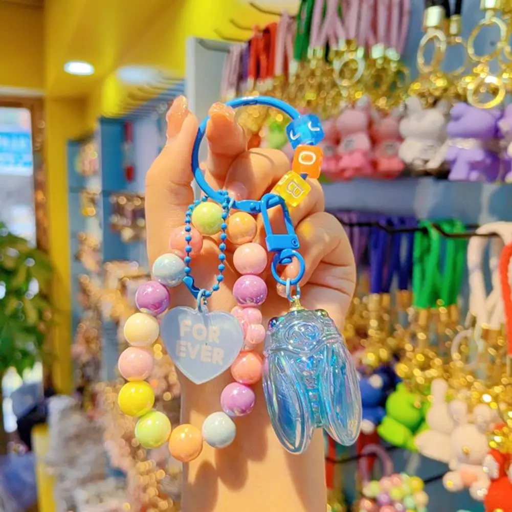 Backpack Charm Macaron Color Keychain Macaron Color Beads Keychain with Glitter Cicada Pendant Strong Load-bearing Mobile Phone
