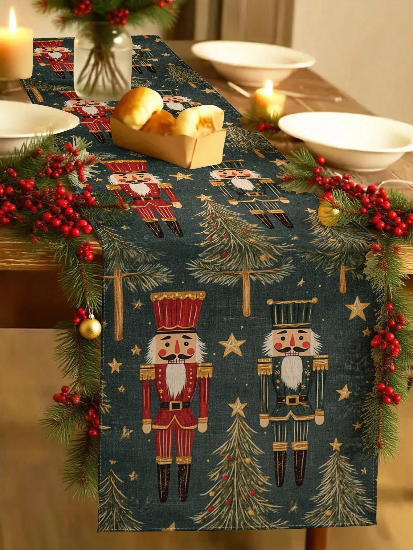 JIT Nutcracker Christmas Table Runner Festive Printed for Holiday Dinner Party Decorative Charming Durable for Table Decoration