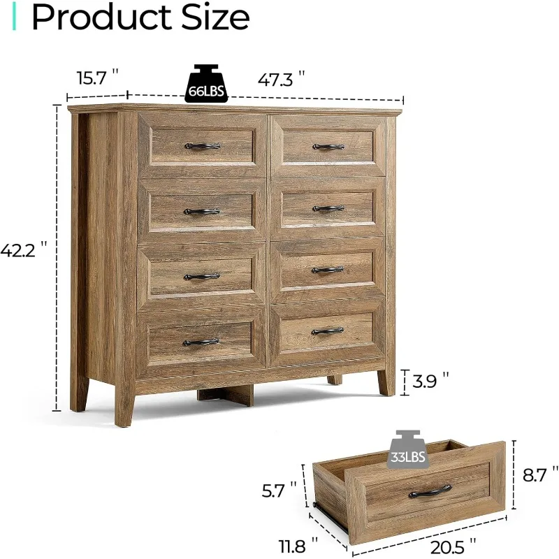 Dresser for Bedroom, 8 Drawer Dresser with Metal Handles, White Chest of Drawers for Living Room, Entryway and Hallway