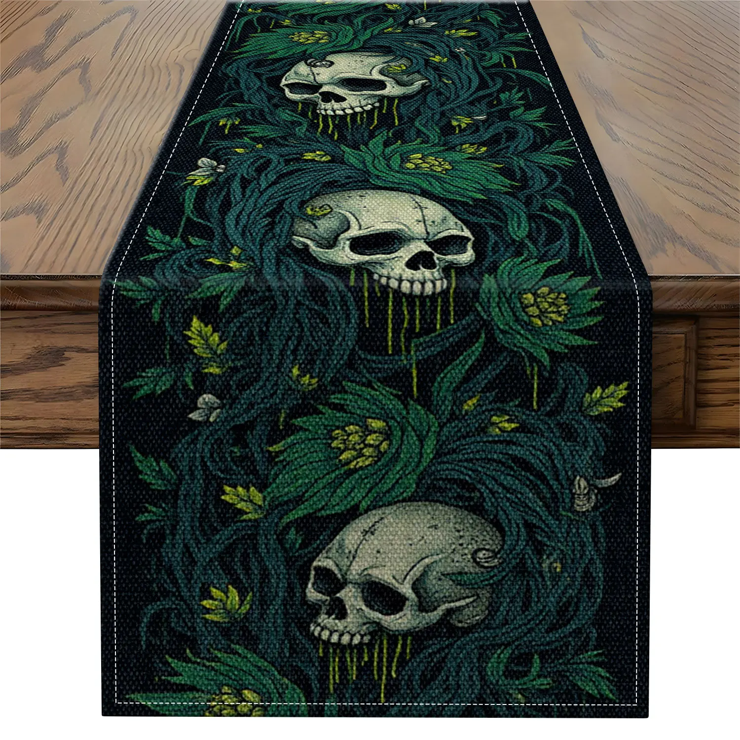 1 Piece Dark Green Plant-Themed Table Runner with Skull and 