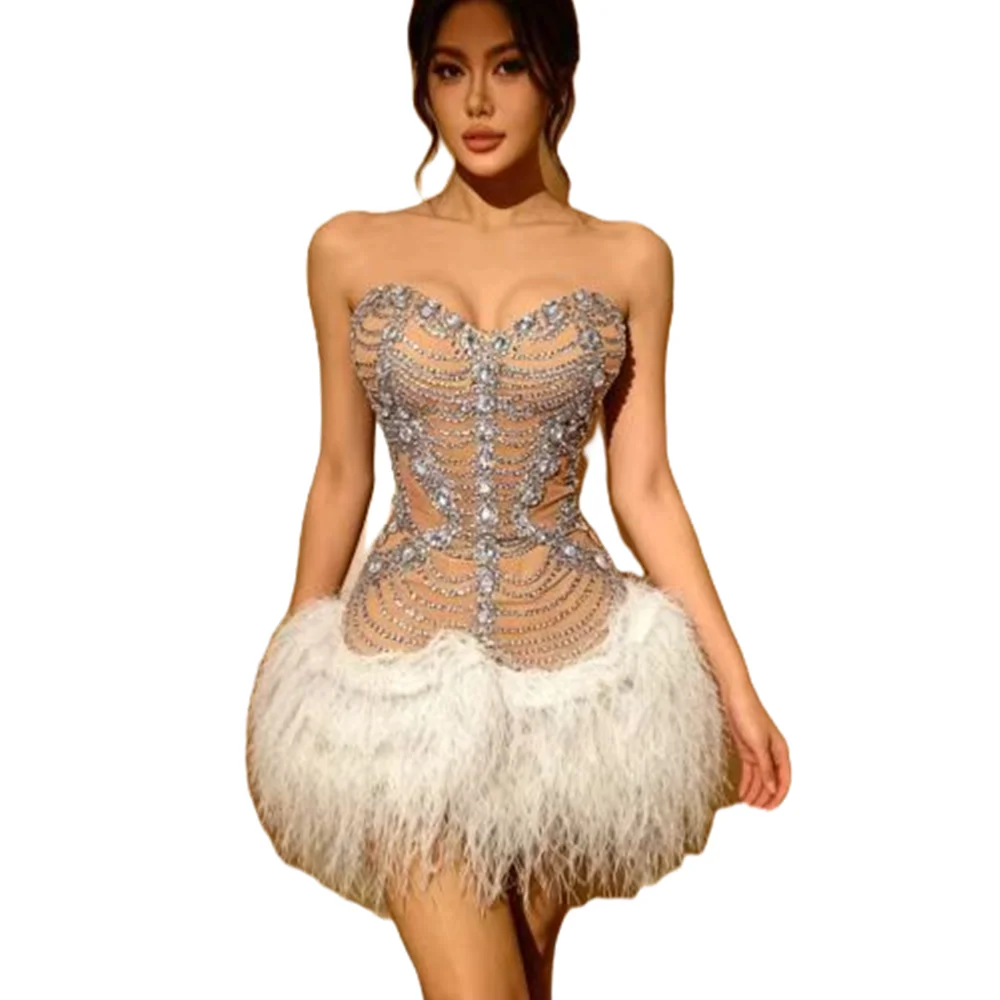 

Elegant Strapless Birthday Wedding Graduation Princess Mini Dress Women Evening Party Rhinestone Dress Dinner Gown Club Costume