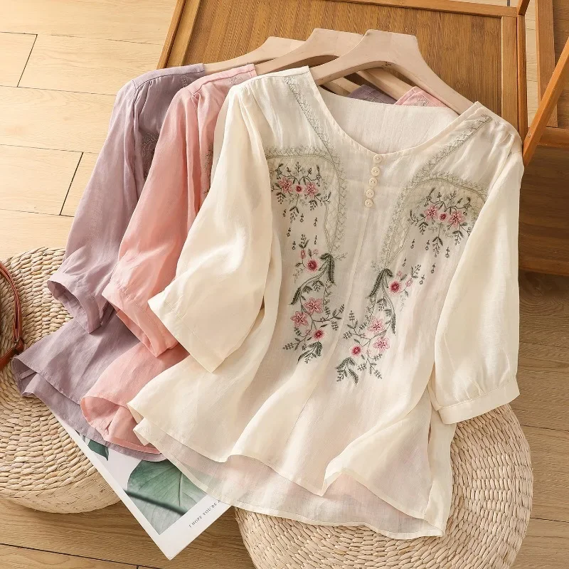 Embroidery Chinese Style Women Blouses Loose Short Sleeves Vintage Top V-neck Clothing Sales Summer Cotton Korean Women\'s Shirts