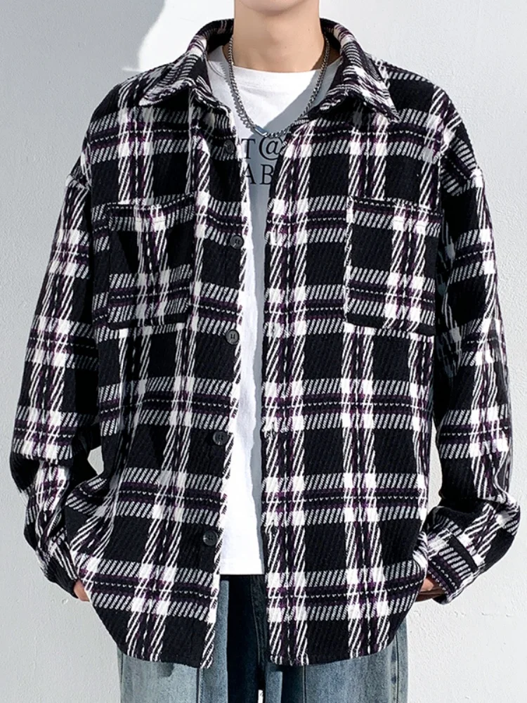 

Мужская куртка в клетку в стиле преппи, весенне-осеннее шерстяное пальто с отложным воротником, модная верхняя одежда для подростков, ветрозащитная, с длинными рукавами