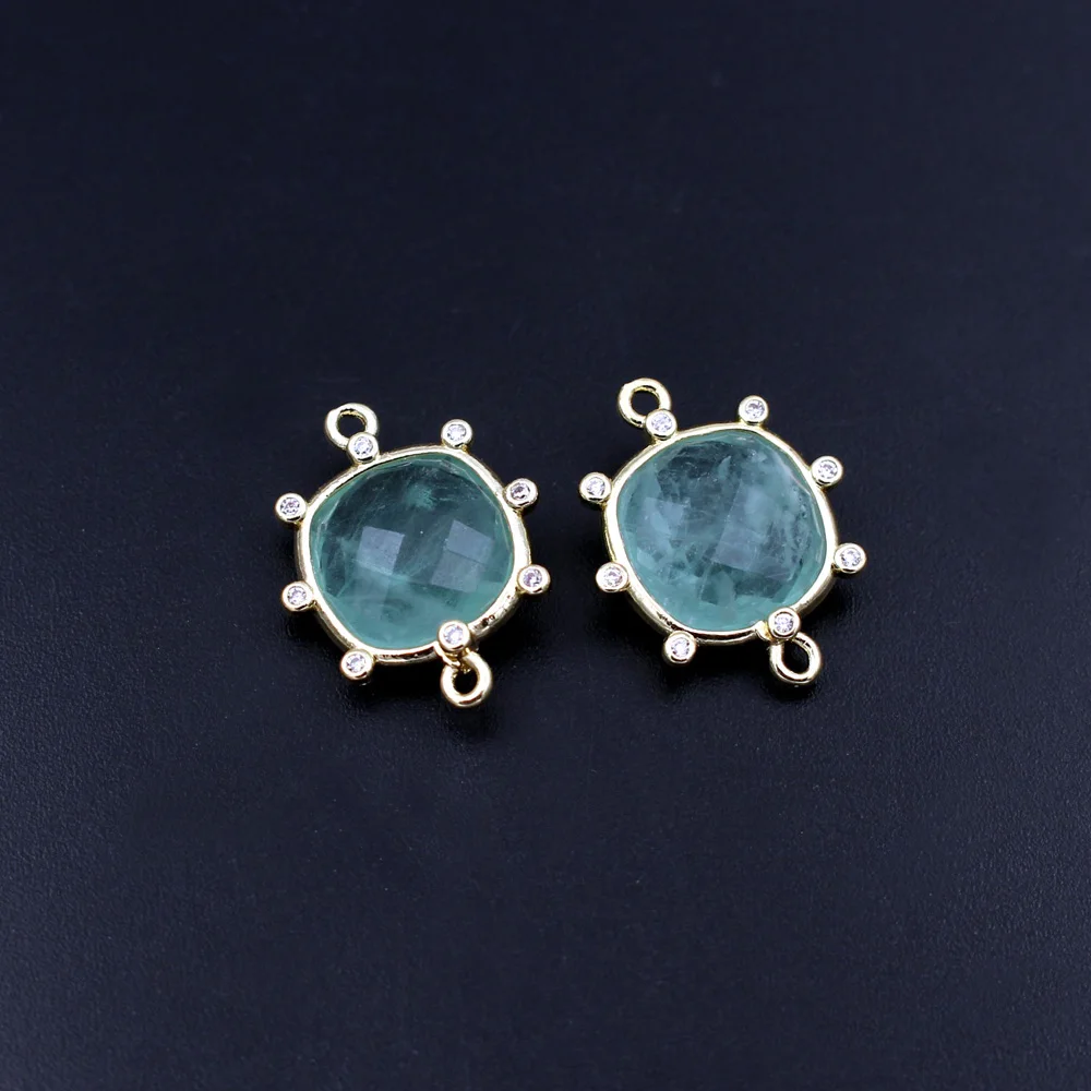 10pcs Square Faceted Blue Amazonite Stone CZ Pendant Labradorite 2 Loops Connector Charms Jewelry Accessories Findings DIY