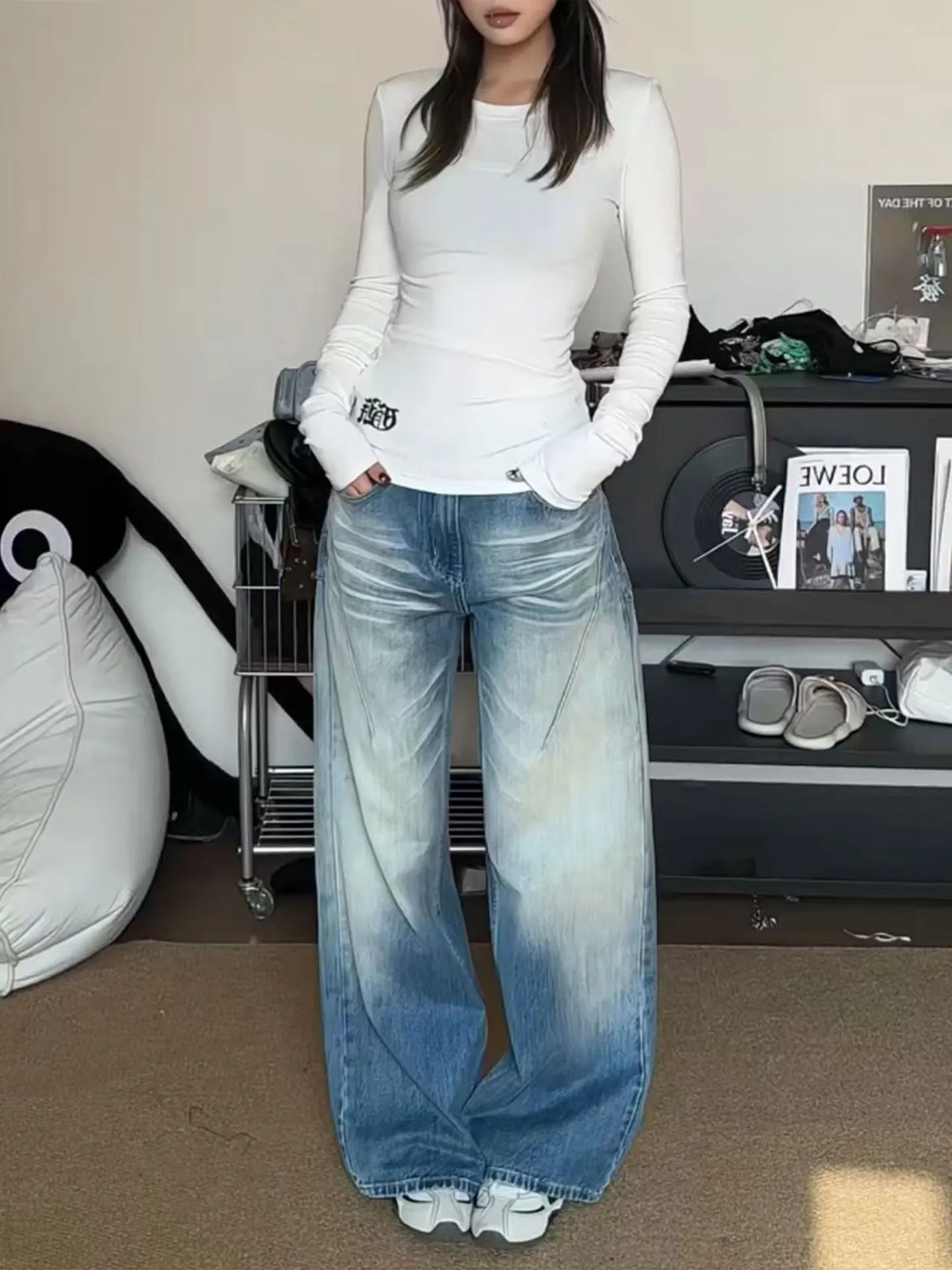 

High Waist Wide Leg Jeans Women's Summer Fashion Small Size Washed Folded Denim Pants Casual Loose Fit Blue Jeans