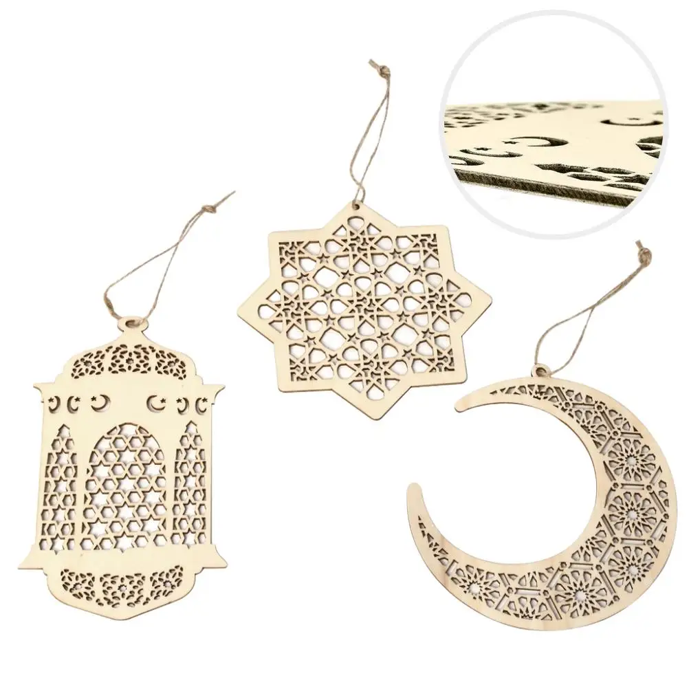 3pcs Eid Mubarak Wooden Ornaments Hollowed Moon Star Hanging Pendant for Ramadan Kareem Decoration Islamic Muslin Party Supplies