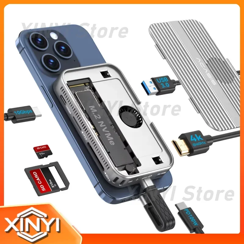 6 in 1 10Gbps Magnetic M.2 NVMe SSD Enclosure for 2230 2242 2260 2280 B+M M-Key with Cooling Fan USB C Docking Station