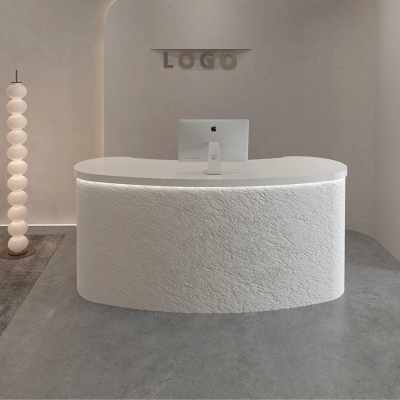 مكاتب استقبال مستديرة بنية فاخرة ديكور بوتيك ملابس مقوسة مكتب استقبال أبيض صغير Empfangs Theke أثاث المكاتب #1