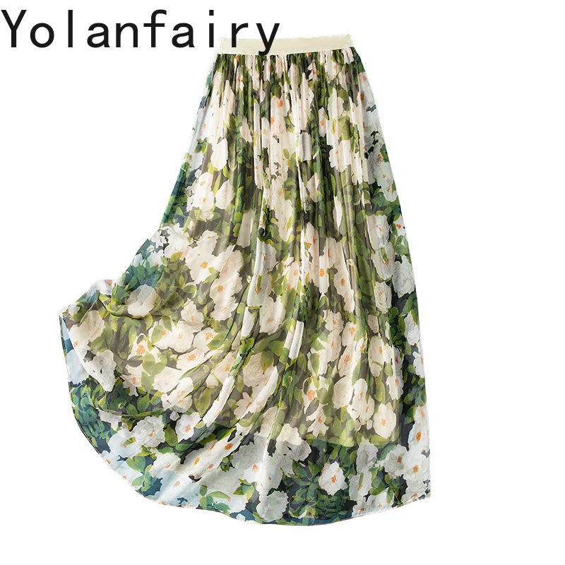 YOLANFAIRY Pure Mulberry Silk Skirt for Women Summer Vintage Printed Skirts Woman Clothes High Waist Gentle Elegant Floral Skirt