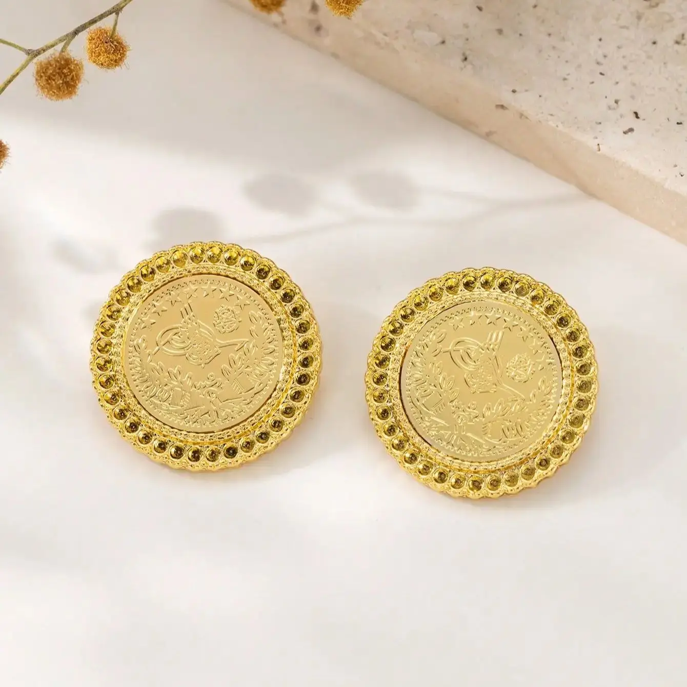 Gold Plated Turkish Coin Brooch Pin for Women Hajib Pin Middle East Arabic Costume Jewelry Pair