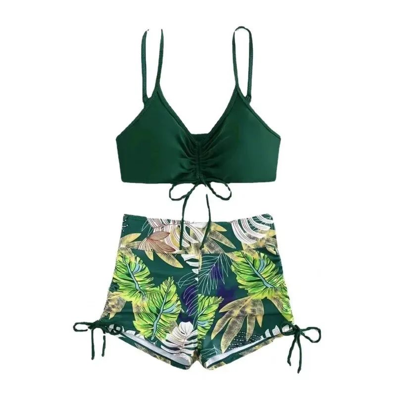 New Large Size Fashion Leaf Print Split Swimsuit Feminine Sling Boxer Conservative Meat-covering Beach Swimsuit