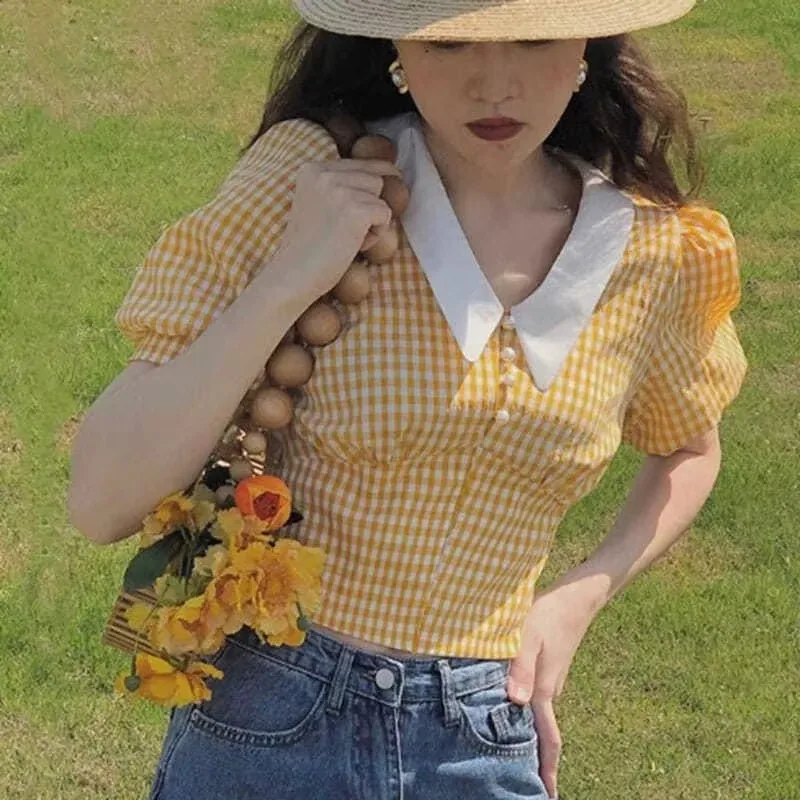 Cottagecore Crop Top Yellow Blouses Summer Kawaii Puff Sleeve Plaid Shirt Women Checkered French Retro Style 2023 Vintage