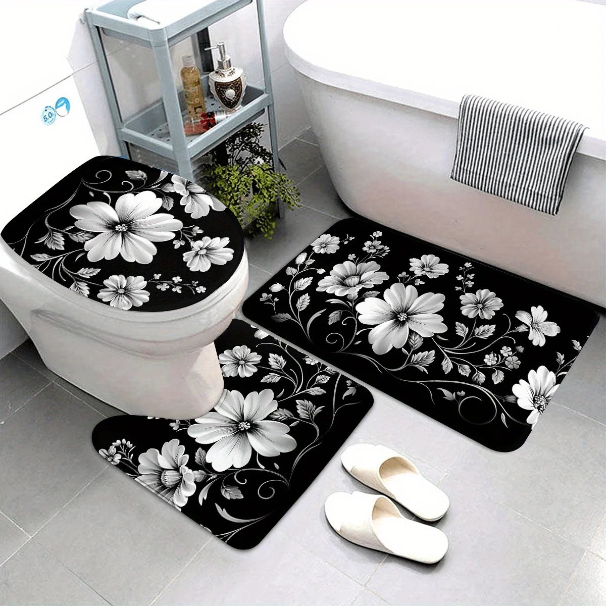 

Black White Floral Bathroom Rug Set 3 Piece Non Slip Soft Bath Mat Toilet Seat Cover U Shaped Rug Home Decor