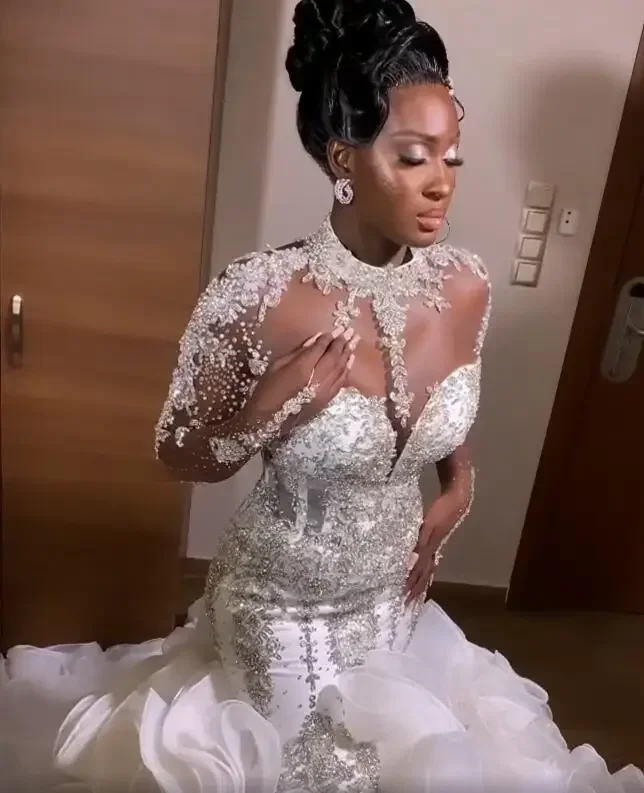 

Customized Arabic Aso Ebi Luxurious Beaded Crystals Wedding Dress Sheer Neck Organza Tiers African Black Girl Mermaid Bridal Gow