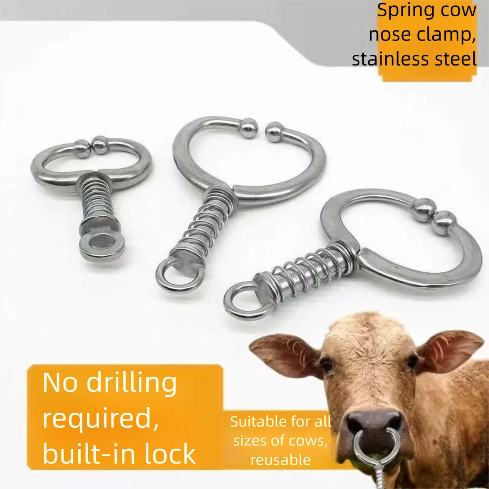 Stainless Steel Cattle Nose Ring Anti Rust Spring-loaded Bull Nose Clamp Reusable Built-in Lock Livestock Nose Pliers Traction