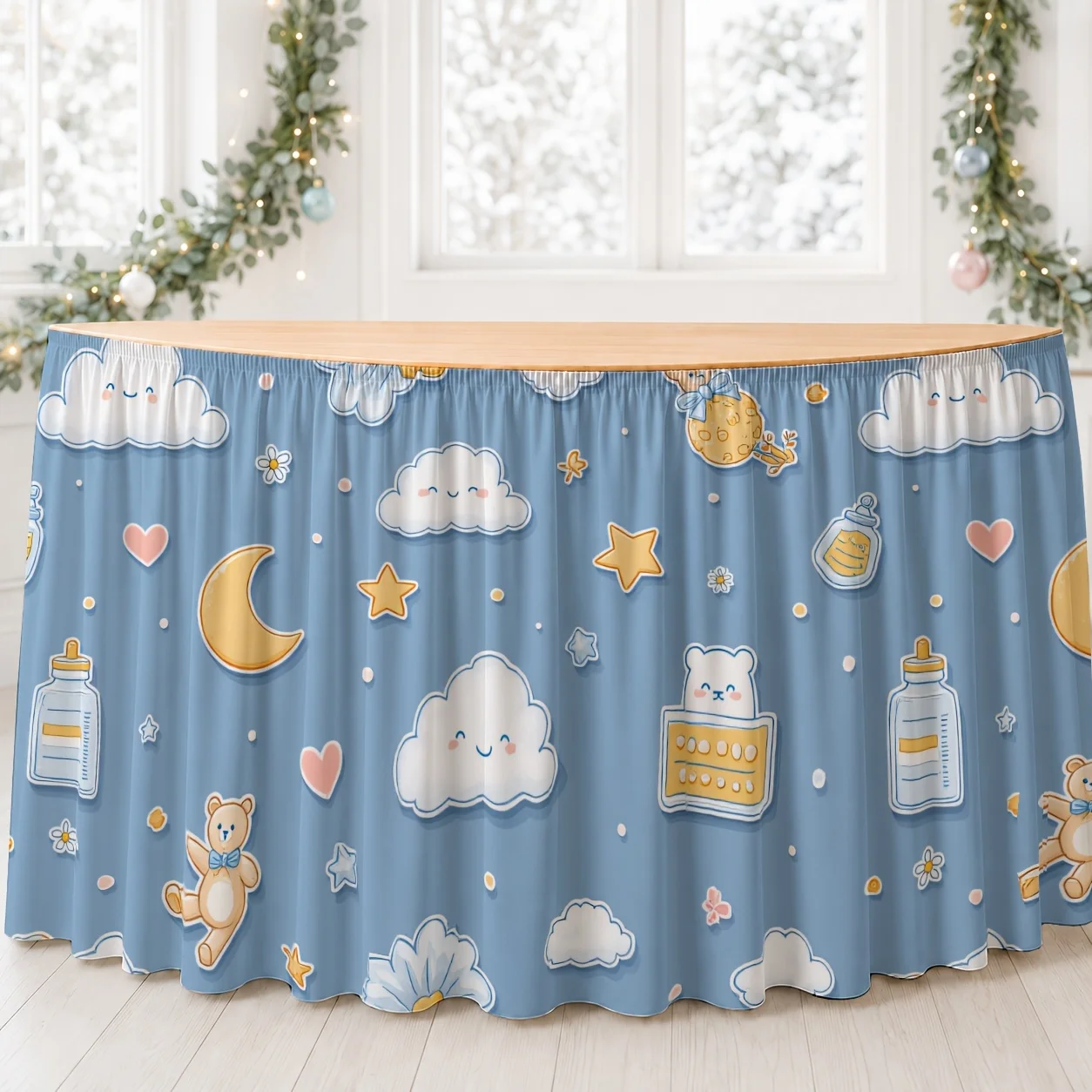 1 printed table skirt, cute whimsical, dreamy soft colors, clouds, moon, stars, teddy bear, bottle love floral pattern