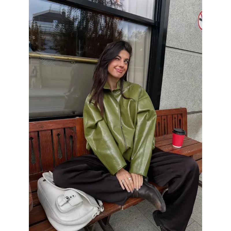 

Женская зеленая кожаная куртка с воротником-стойкой, модная длинная свободная верхняя одежда на молнии, шикарная новая осенняя мода, комплекты женской одежды для улицы