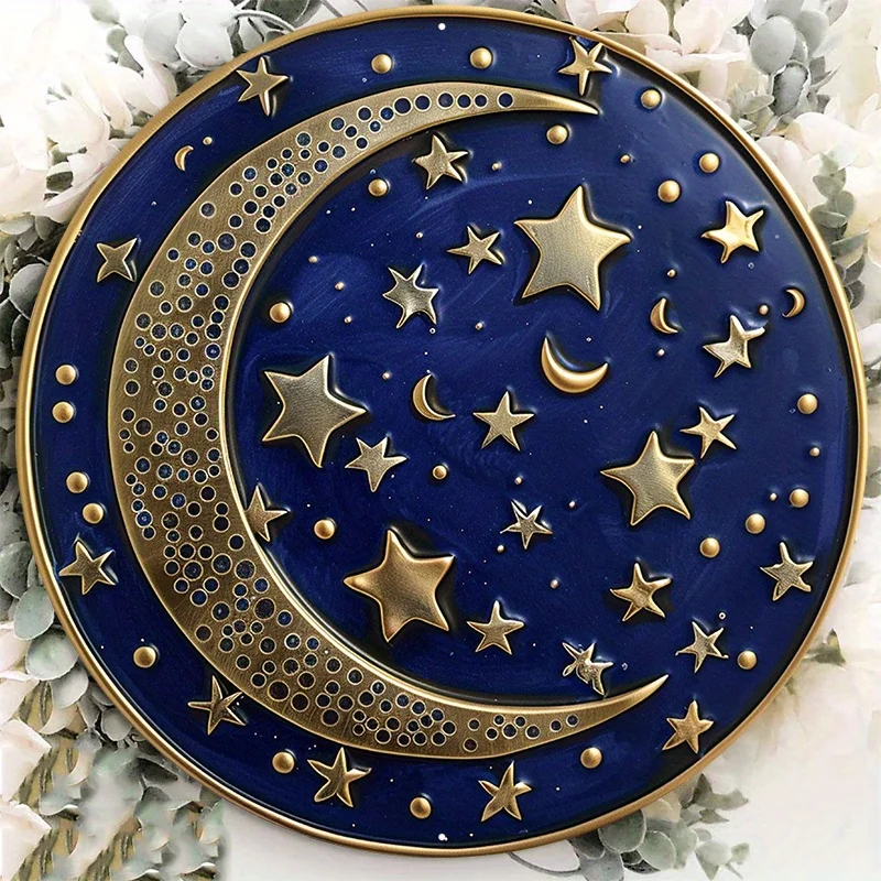 Celestial-Aluminum Metal Sign, Round Disk Wall Decoration with Stars and Moon Pattern, Wall Art, Home Decor, 8in, 11.8in, 1PC