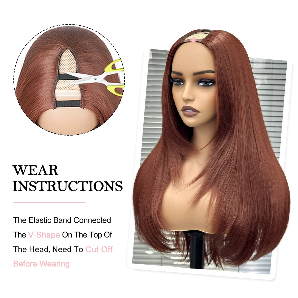 Parrucche con parte a V a strati rosso rame per donne nere Parrucche sintetiche resistenti al calore senza colla con taglio di capelli a farfalla diritta marrone rossastro